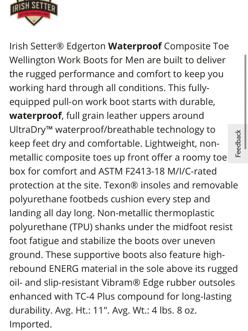 Irish Setter edgertone waterproof composite toe work boots size 11.5